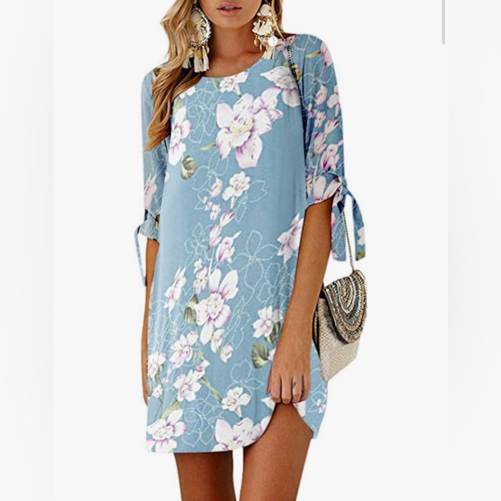NEW Light Blue Floral Crew Neck Tunic Self-tie Half Sleeves Dress 2X